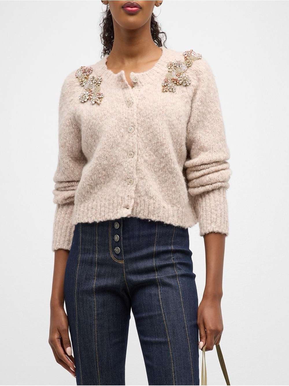 cinq a sept Millie Diamond Daises Embellished Wool Cardigan In Oyster